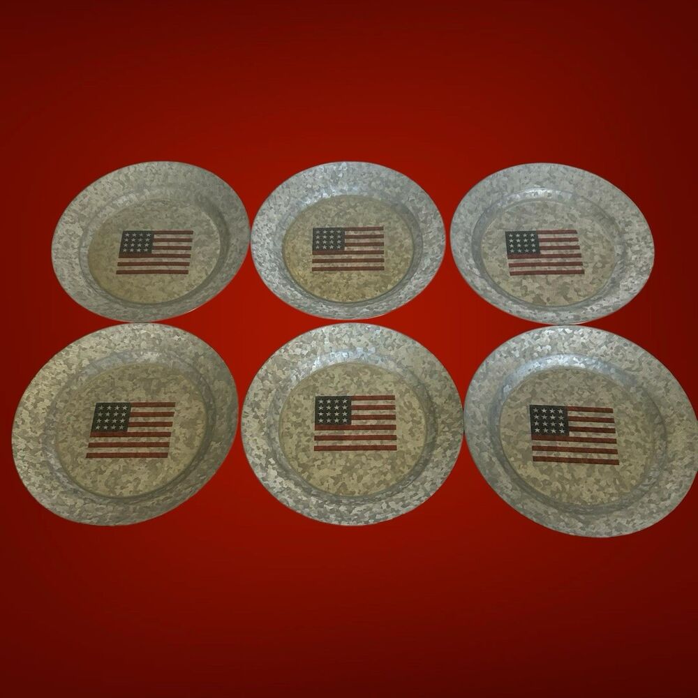 Set Of 6 Pottery Barn Discontinued American Flag Galvanized Metal 9” Plates New - Picture 9 of 10